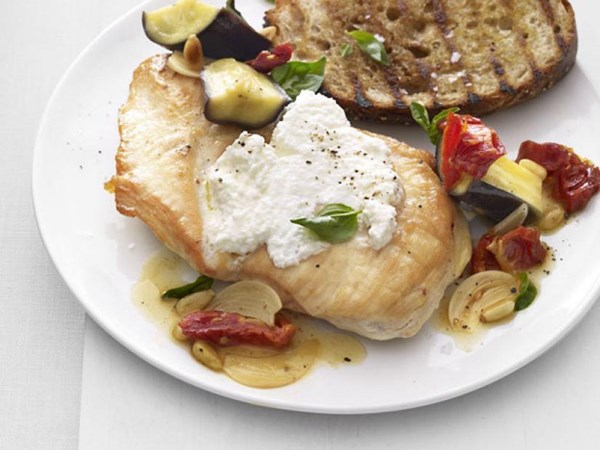 Chicken with sun-dried tomato, eggplant and basil