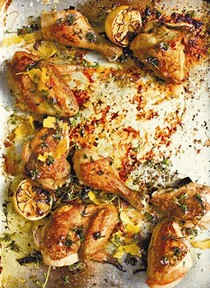 Chicken with thyme and lemon and smashed garlic potatoes