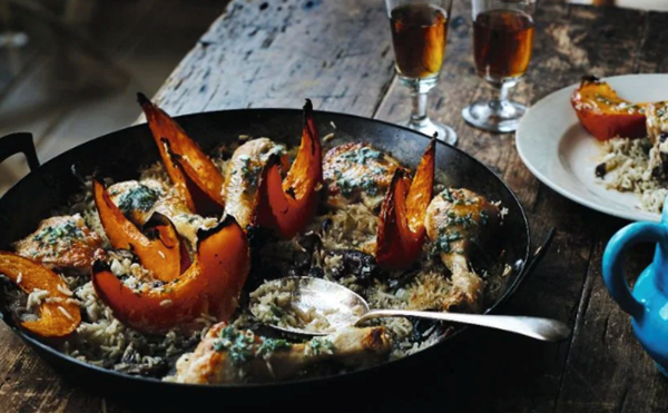 Chicken with wild mushrooms, pumpkin, rice and sage butter
