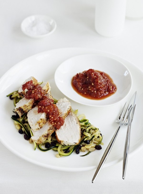Chicken with zucchini, basil, pine nuts and tomato jam