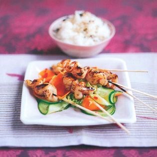 Chicken yakitori sticks with sesame steamed vinegar rice and Chinese pickled salad