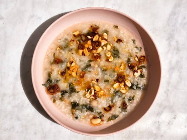 Chickpea & rice soup with garlic chile oil