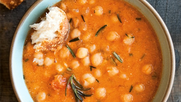 Chickpea & roasted tomato soup with fried rosemary 