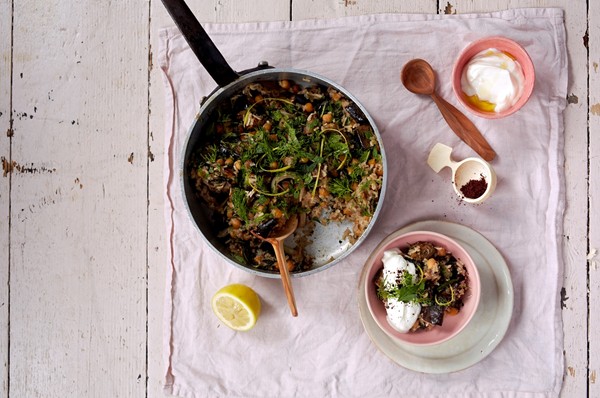Chickpea and aubergine pilaf with garlic yoghurt