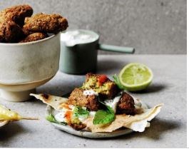 Chickpea and broccoli stem falafel with mint yoghurt