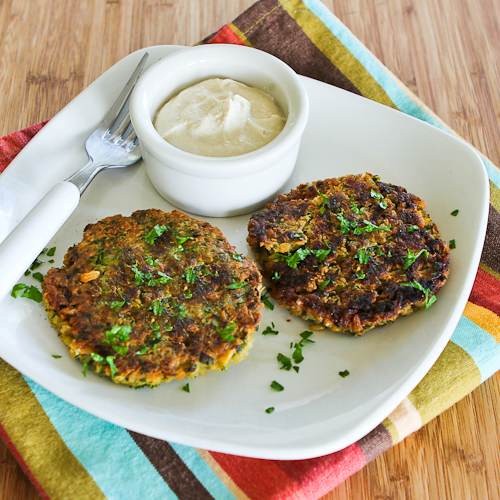 Chickpea and brown rice patties with parsley, mint, and yogurt-tahini sauce
