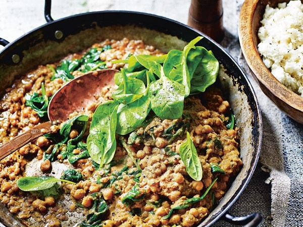 Chickpea and lentil dhal with coconut cauliflower rice
