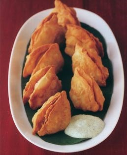 Chickpea and potato samosas with cucumber yoghurt salad