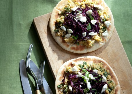 Chickpea and red cabbage pita pizzas with toasted cumin