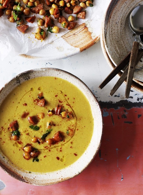 Chickpea and rosemary soup with sizzled chorizo