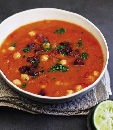Chickpea and tomato soup with chorizo and green chilli