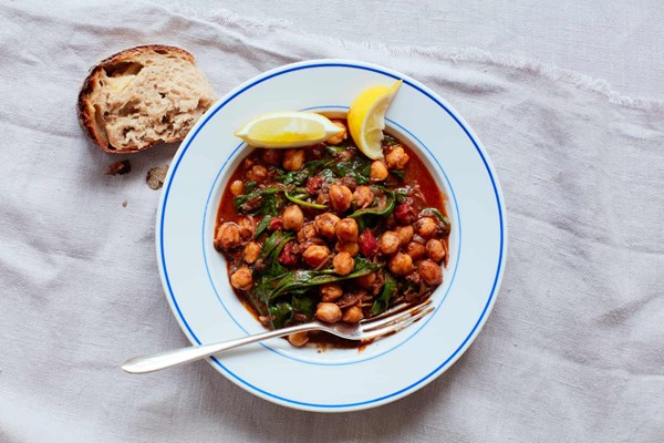 Chickpea, black pudding and spinach ragu