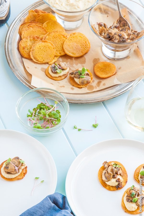 Chickpea blini with hummus and mushrooms 