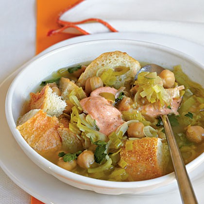 Chickpea, bread, and leek soup with harissa and yogurt