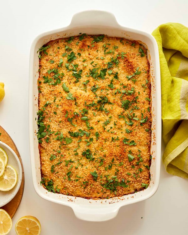 Chickpea casserole with lemon, herbs, and shallots