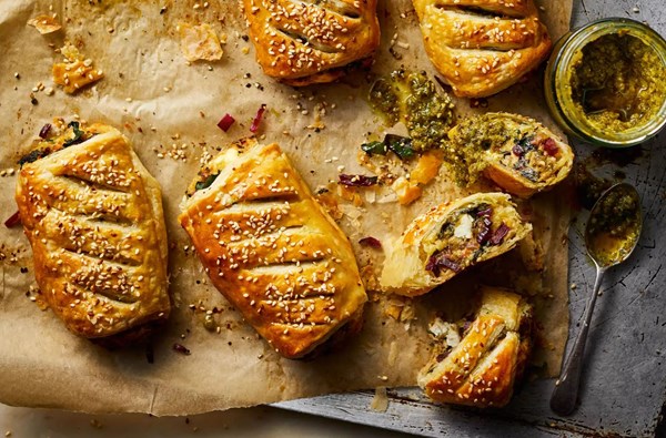 Chickpea, chard & feta puffs with green harissa