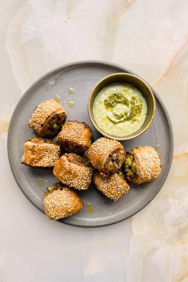 Chickpea, chard & feta puffs with green harissa (Bourekas)