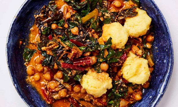 Chickpea, chard and sunflower seed egusi with polenta dumplings