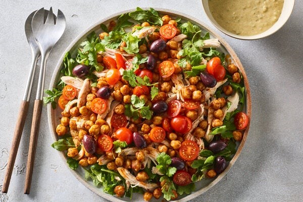 Chickpea-chicken salad with green harissa dressing