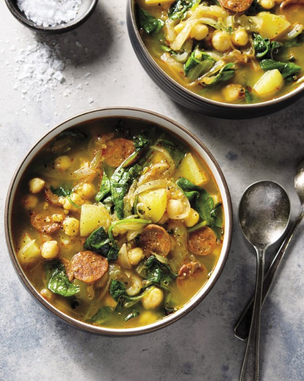 Chickpea, chorizo, and spinach soup