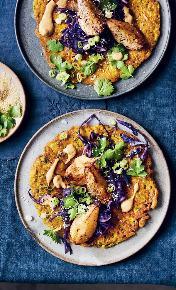 Chickpea dosa, za’atar spiced pear and cabbage, tahini sauce