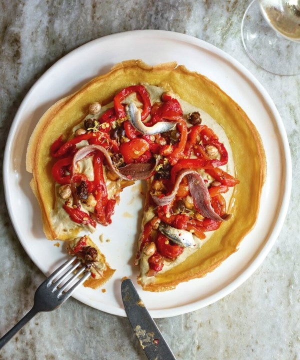 Chickpea farinata with peperonata & eggplant purée [Tom Hishon / Stefania Palermo]