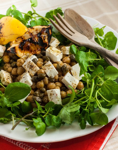 Chickpea, feta, caper & watercress salad with a pesto dressing