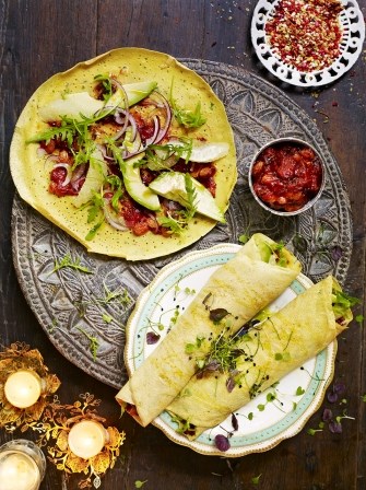Chickpea flour pancakes with salad & chutney