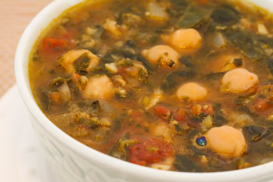 Chickpea (garbanzo bean) soup recipe with spinach, tomatoes, and basil