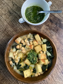 Chickpea, kale and potato soup with cumin pesto