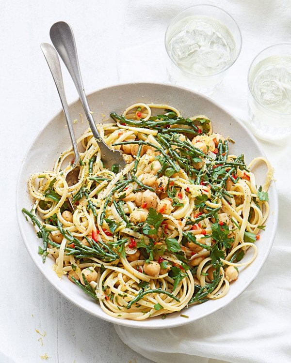 Chickpea linguine with samphire, chilli, parsley, garlic and lemon