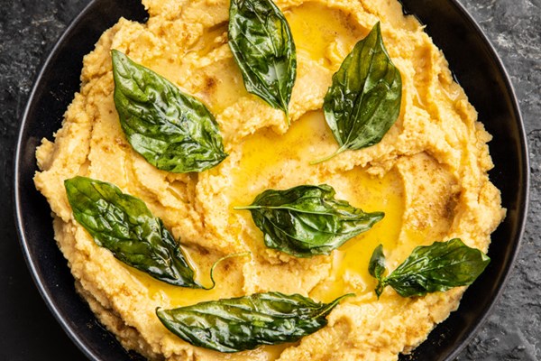 Chickpea mash with crispy basil 