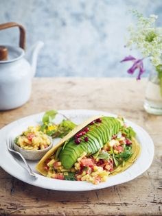 Chickpea omelette, rocket, avocado & mango salsa