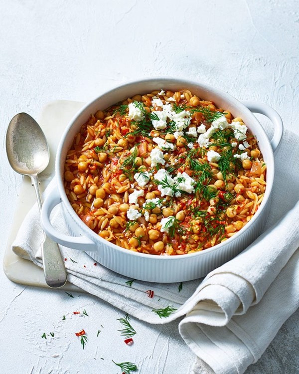 Chickpea, orzo and tomato stew with feta and fresh dill