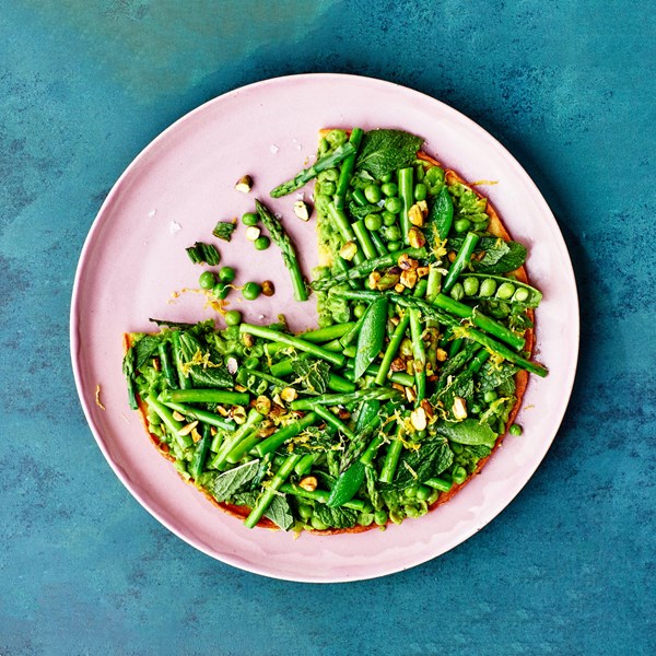 Chickpea pancake with pea salad 