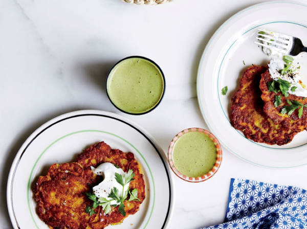 Chickpea pancakes with leeks, squash, and yogurt