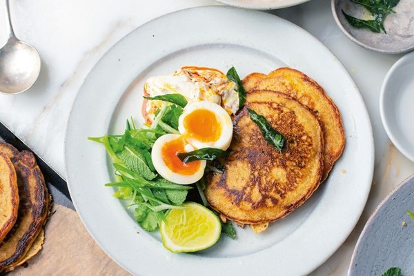 Chickpea pancakes with mango pickle yoghurt