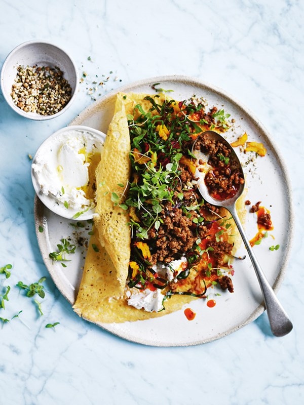 Chickpea pancakes with rainbow chard and spicy lamb