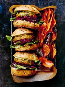 Chickpea patties with green tahini and beetroot