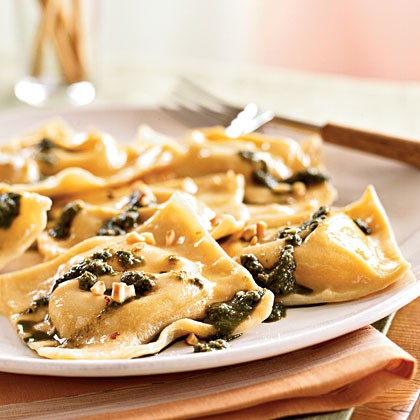 Chickpea ravioli with basil pesto and hazelnuts