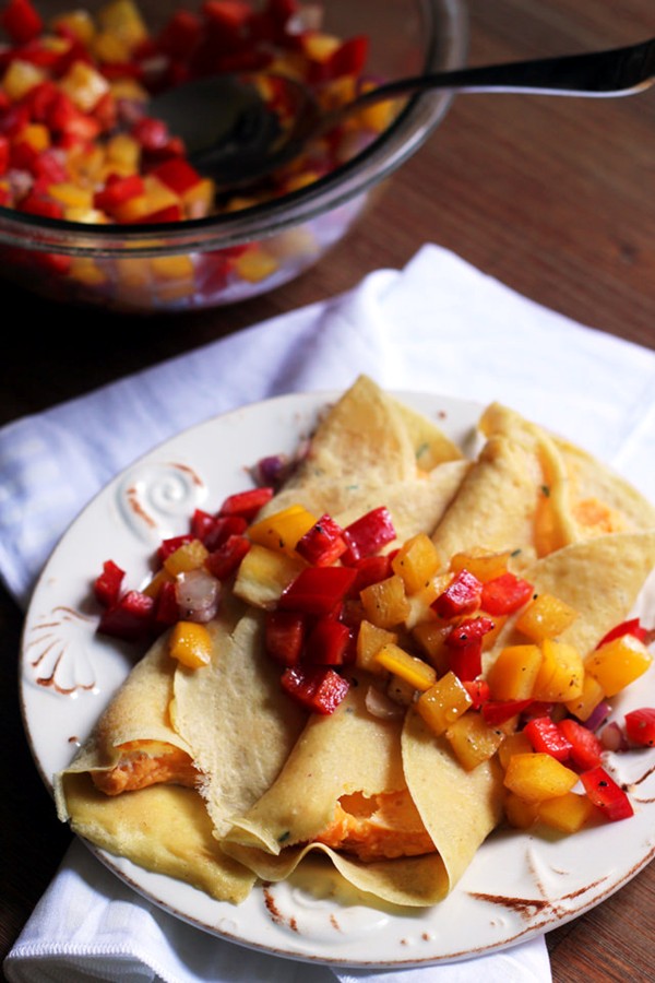 Chickpea-rosemary crepes with sweet potatoes and goat cheese