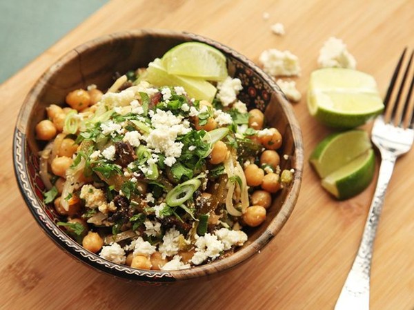 Chickpea salad with bacon, cotija, and roasted chilies