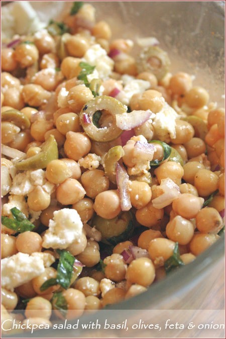 Chickpea salad with basil, olives, red onion and feta