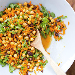 Chickpea salad with carrots, arugula, and olives