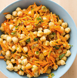 Chickpea salad with carrots, raisins, and almonds