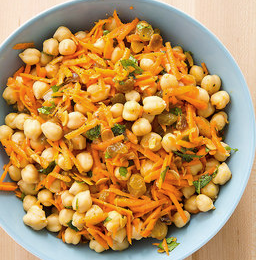 Chickpea salad with carrots, raisins, and almonds