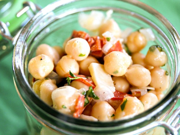 Chickpea salad with pepperoni, Parmesan, and basil