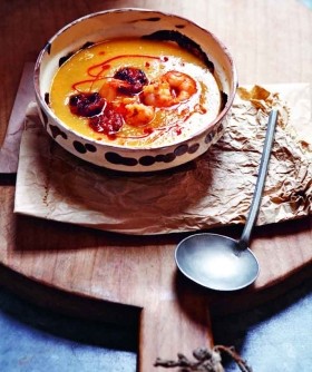 Chickpea soup with seared prawns, chorizo and pimentón oil