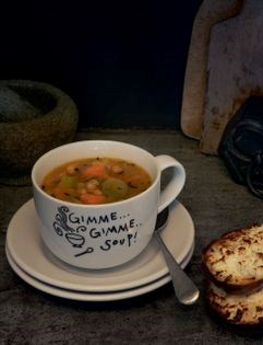 Chickpea soup with sweet potato and feta crackers