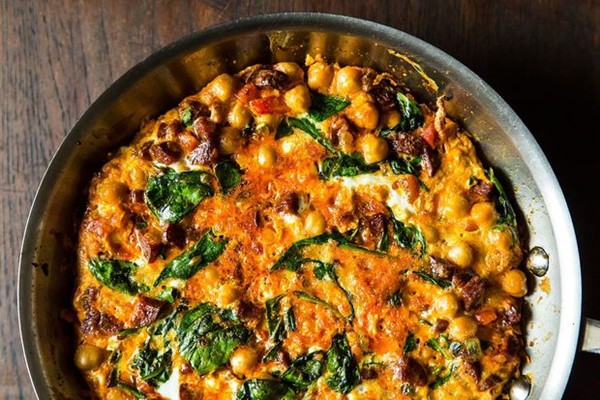 Chickpea, spinach, and chorizo frittata